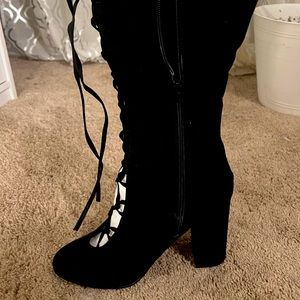 👢 JustFab Black Sued Knee High Lace Up Boots Sz 10